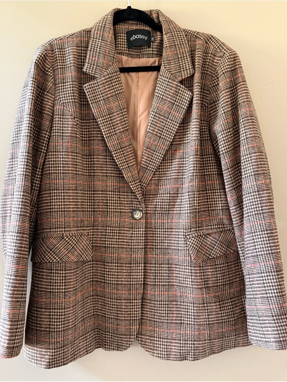 Ebossy Plaid Single-Button Blazer in Tan, Brown and Peach Check